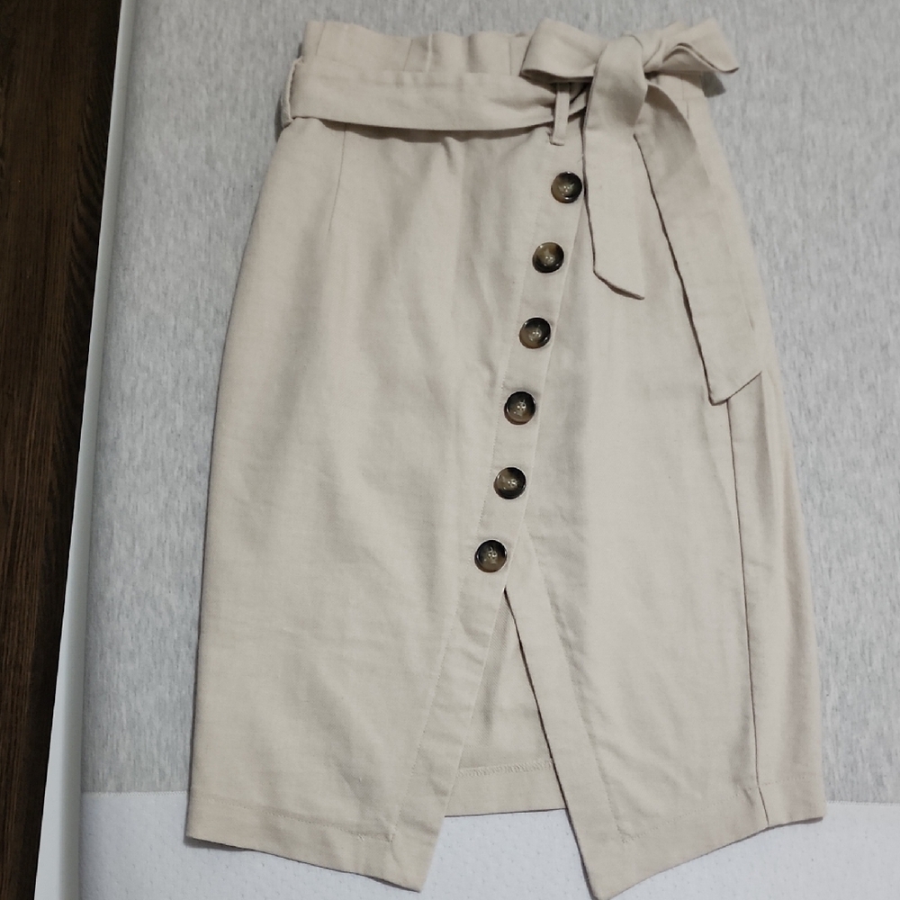 Allegra K Cream Pencil Skirt with Tie Front and Slit